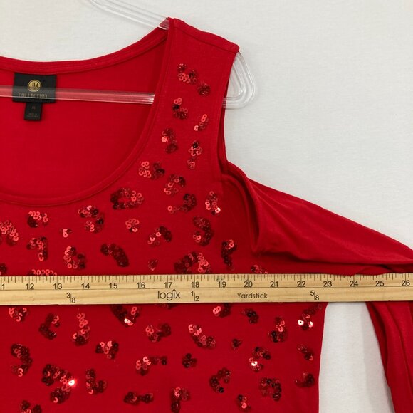 New JM Collection Top size XL Red Sequins Evening Cold Shoulder Stretch Romantic - Picture 7 of 10